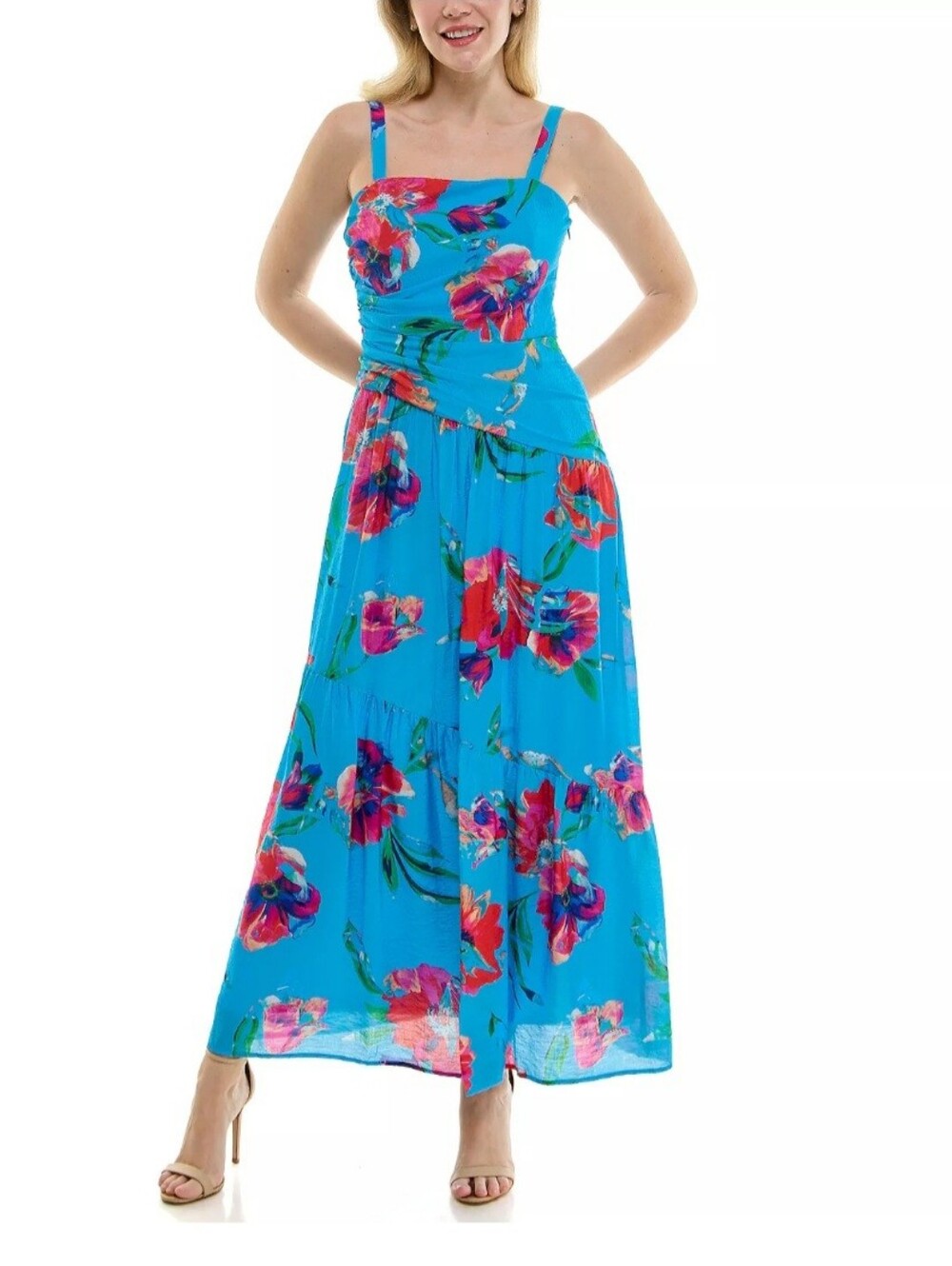 Taylor Turquoise Floral Maxi Dress with Pink & Red Blooms